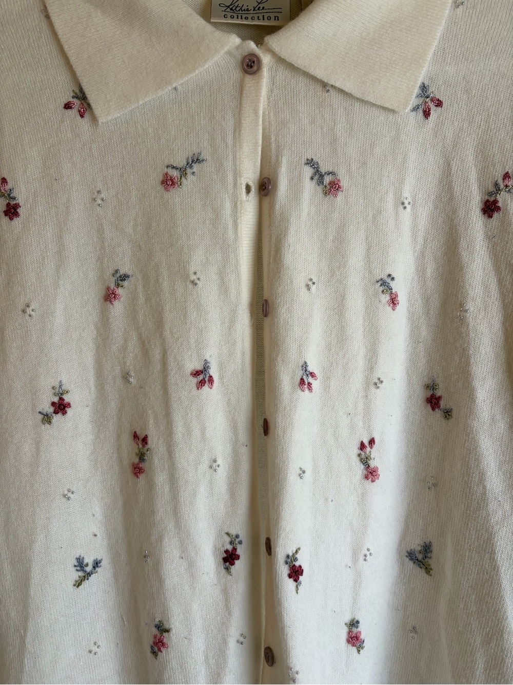 Kathie Lee Collection Cream Button-Front Cardigan with Pink Floral Embroidery - Picture 2 of 6